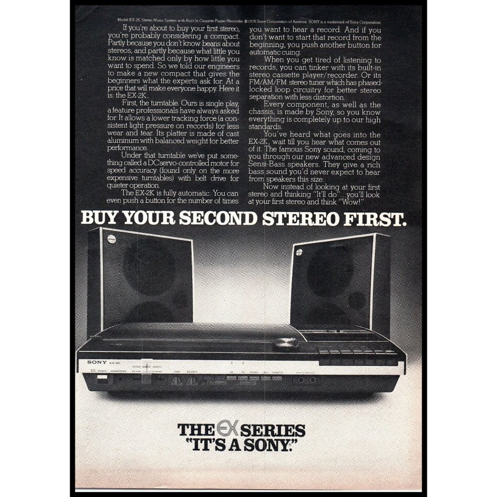 1976 Sony EX-2K EX Series Automatic Compact Stereo Vintage Print Ad Wall Art